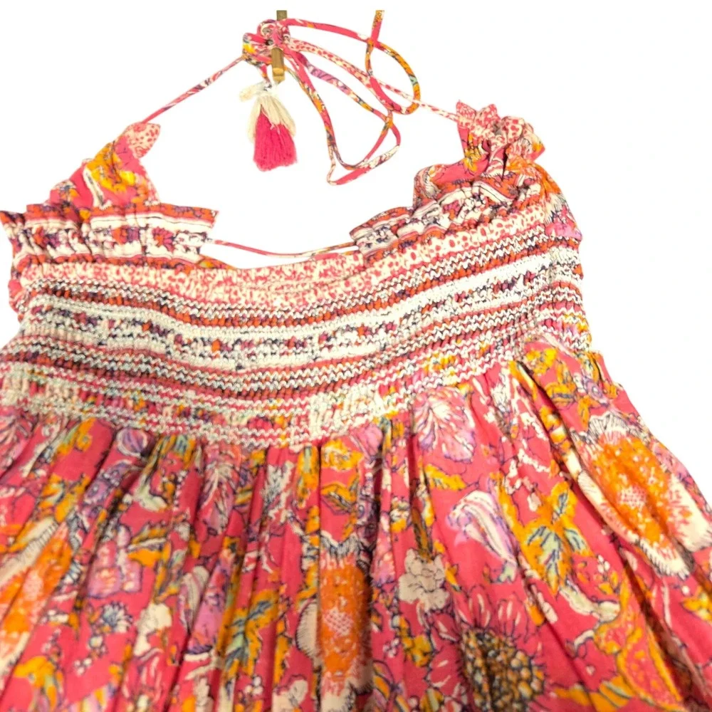 Free People Pink Floral Smocked Halter Maxi Dress Boho Tassel Tiered Size S